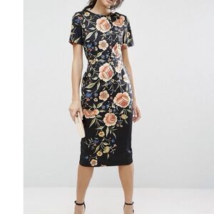 ASOS Wiggle Dress Black Floral Midi Size 8 Cotton Blend Garden Wedding Cocktail